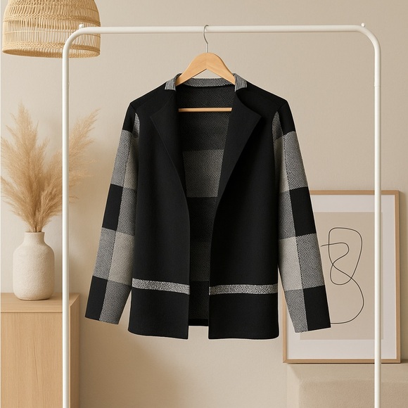 Sioni Sweaters - Sioni Plaid Black & White Checkered Open Front Cardigan Womens Sweater XLarge